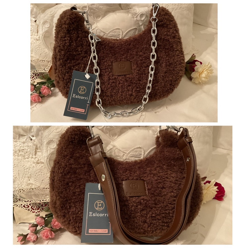 ESLCORRI FASHIONABLE HOBO FAUX FUR SHOULDER BAG, LEATHER STRAPS OR SILVER CHAIN
